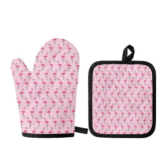 Pink Polka Dot Flamingo Pattern Print Oven Mitt And Pot Holder Set
