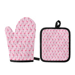 Pink Polka Dot Flamingo Pattern Print Oven Mitt And Pot Holder Set