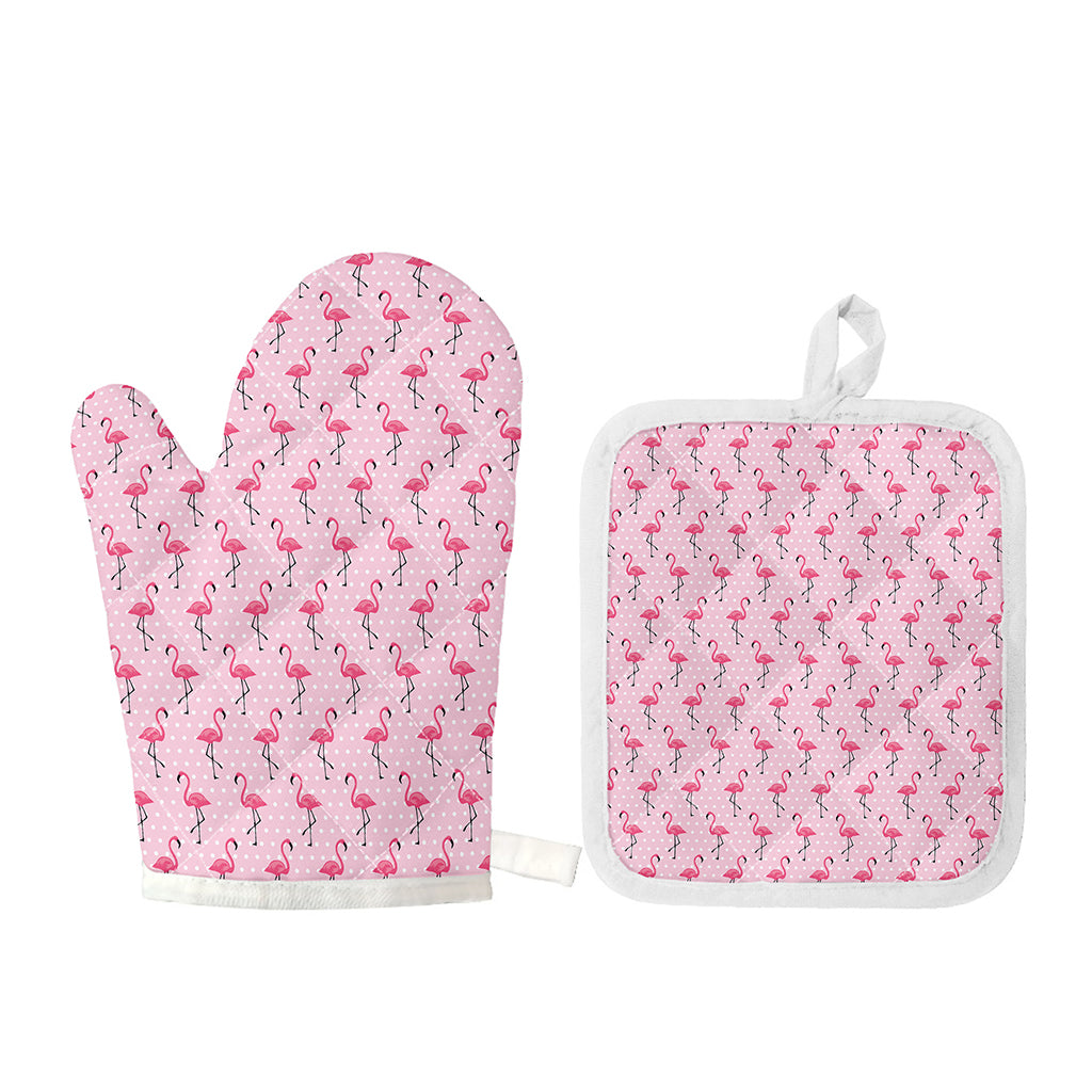 Pink Polka Dot Flamingo Pattern Print Oven Mitt And Pot Holder Set