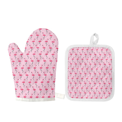 Pink Polka Dot Flamingo Pattern Print Oven Mitt And Pot Holder Set
