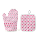 Pink Polka Dot Flamingo Pattern Print Oven Mitt And Pot Holder Set