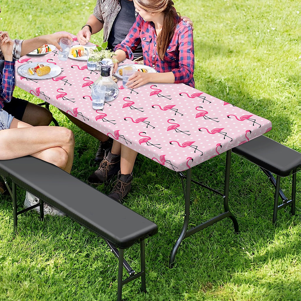 Pink Polka Dot Flamingo Pattern Print Picnic Table Cover