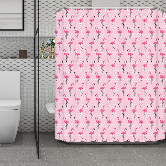 Pink Polka Dot Flamingo Pattern Print Polyester Shower Curtain