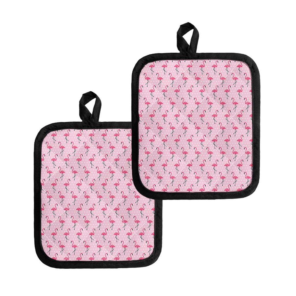 Pink Polka Dot Flamingo Pattern Print Pot Holders