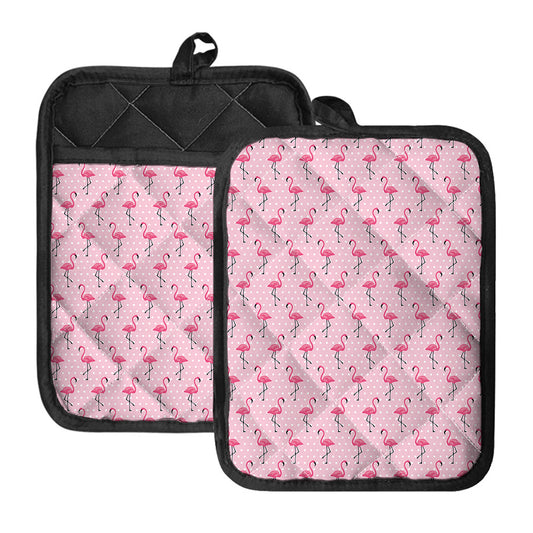 Pink Polka Dot Flamingo Pattern Print Pot Holders With Pocket