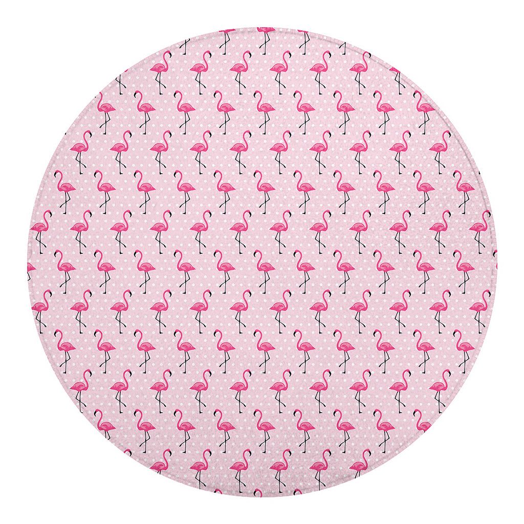 Pink Polka Dot Flamingo Pattern Print Round Blanket