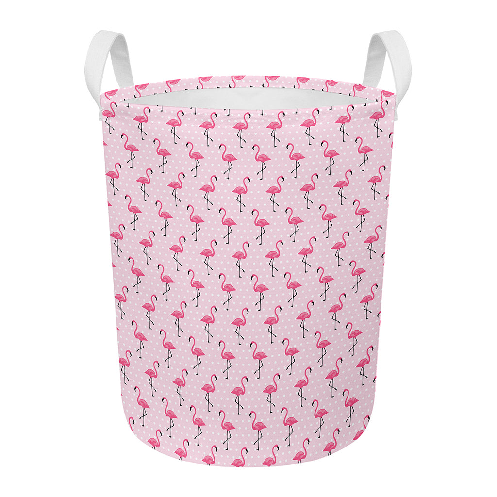 Pink Polka Dot Flamingo Pattern Print Round Laundry Basket