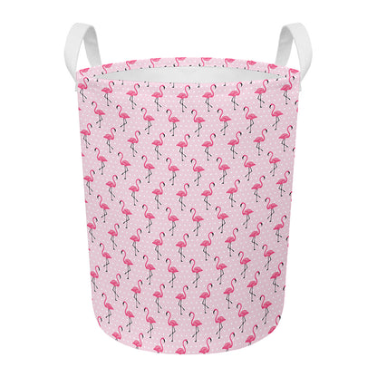 Pink Polka Dot Flamingo Pattern Print Round Laundry Basket