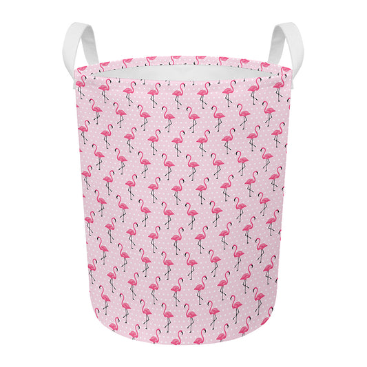 Pink Polka Dot Flamingo Pattern Print Round Laundry Basket