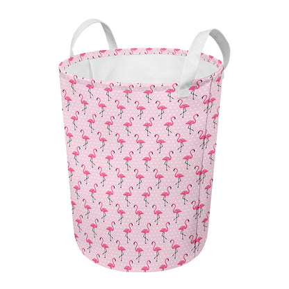 Pink Polka Dot Flamingo Pattern Print Round Laundry Basket