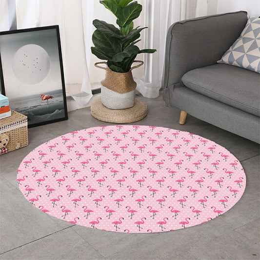 Pink Polka Dot Flamingo Pattern Print Round Rug