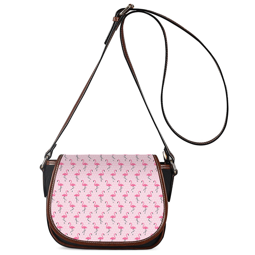 Pink Polka Dot Flamingo Pattern Print Saddle Bag