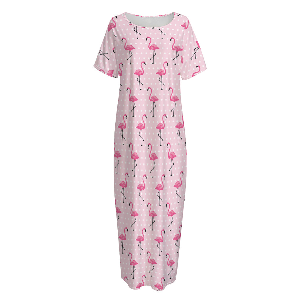 Pink Polka Dot Flamingo Pattern Print Short Sleeve Long Nightdress