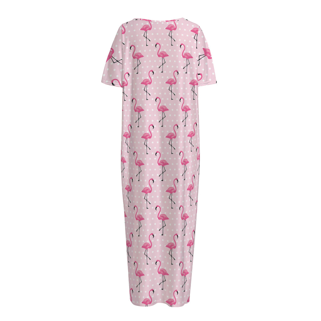 Pink Polka Dot Flamingo Pattern Print Short Sleeve Long Nightdress