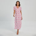 Pink Polka Dot Flamingo Pattern Print Short Sleeve Maxi Dress