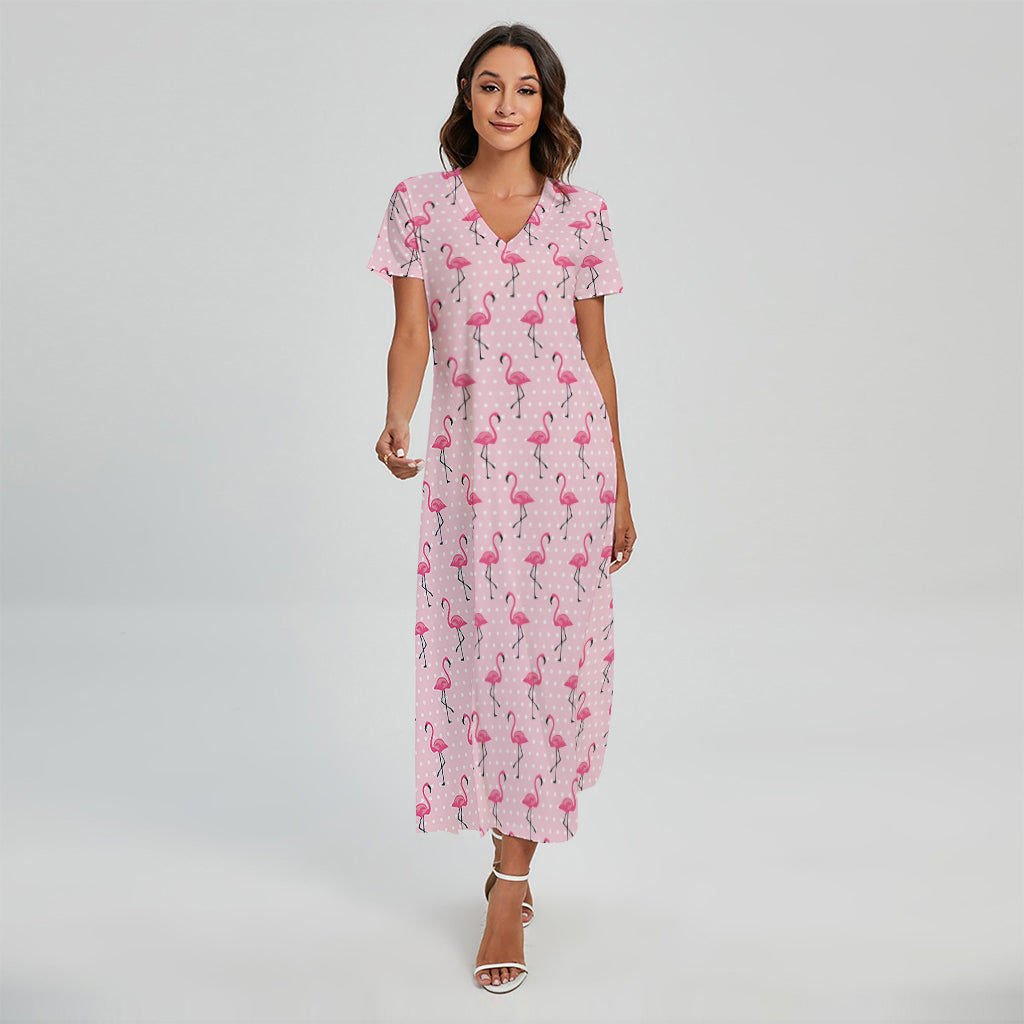 Pink Polka Dot Flamingo Pattern Print Short Sleeve Maxi Dress