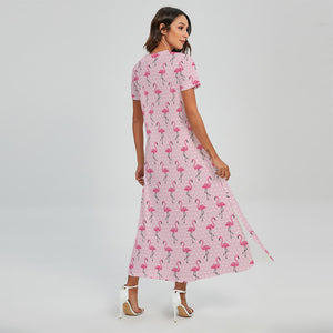 Pink Polka Dot Flamingo Pattern Print Short Sleeve Maxi Dress