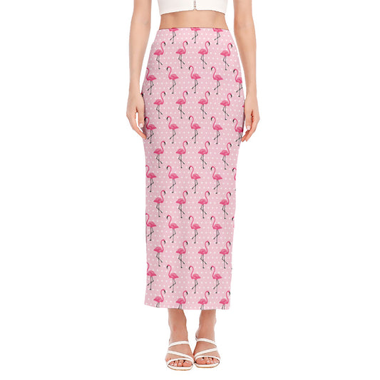Pink Polka Dot Flamingo Pattern Print Side Slit Maxi Skirt