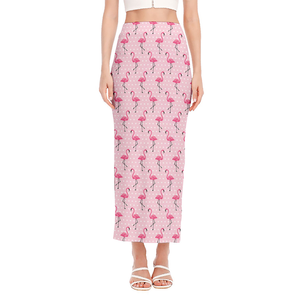 Pink Polka Dot Flamingo Pattern Print Side Slit Maxi Skirt