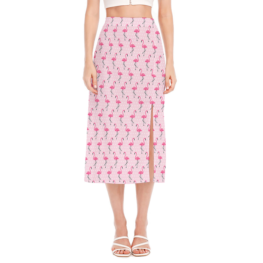 Pink Polka Dot Flamingo Pattern Print Side Slit Midi Skirt