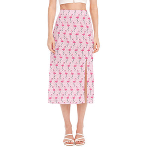 Pink Polka Dot Flamingo Pattern Print Side Slit Midi Skirt