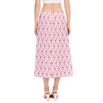 Pink Polka Dot Flamingo Pattern Print Side Slit Midi Skirt