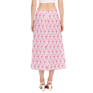 Pink Polka Dot Flamingo Pattern Print Side Slit Midi Skirt