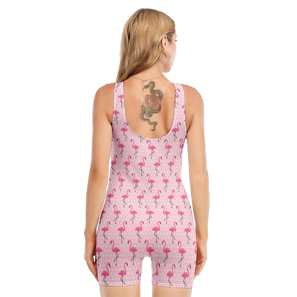 Pink Polka Dot Flamingo Pattern Print Sleeveless One Piece Swimsuit