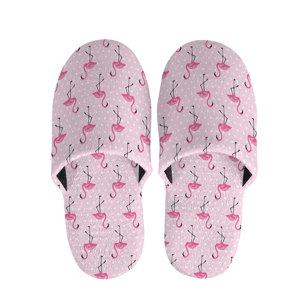 Pink Polka Dot Flamingo Pattern Print Slippers