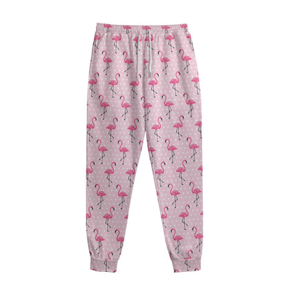 Pink Polka Dot Flamingo Pattern Print Sweatpants