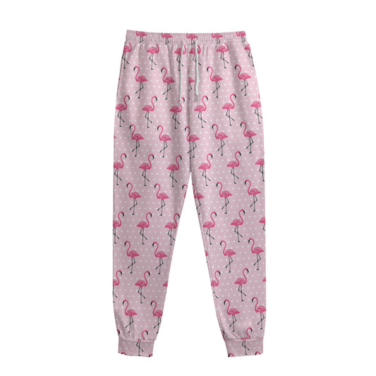 Pink Polka Dot Flamingo Pattern Print Sweatpants