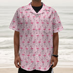 Pink Polka Dot Flamingo Pattern Print Textured Short Sleeve Shirt