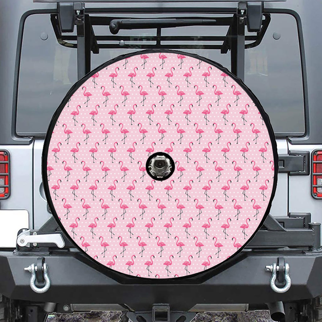 Pink Polka Dot Flamingo Pattern Print Tire Cover With Camera Hole