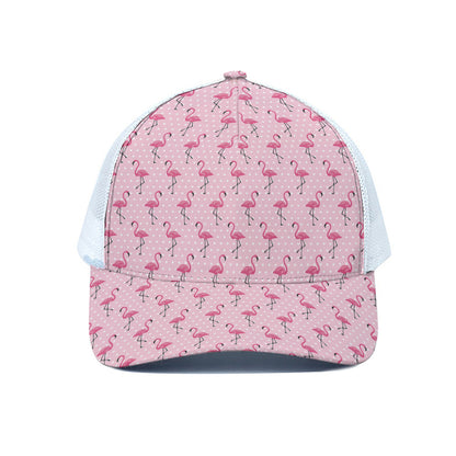 Pink Polka Dot Flamingo Pattern Print White Mesh Trucker Cap