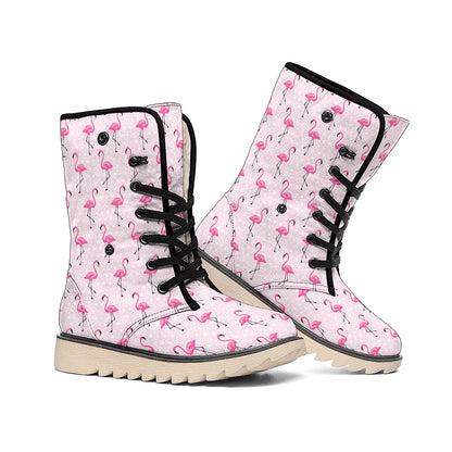 Pink Polka Dot Flamingo Pattern Print Winter Boots