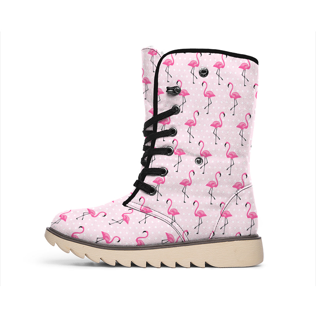 Pink Polka Dot Flamingo Pattern Print Winter Boots