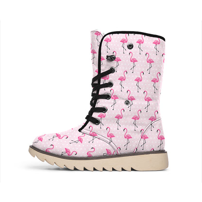 Pink Polka Dot Flamingo Pattern Print Winter Boots