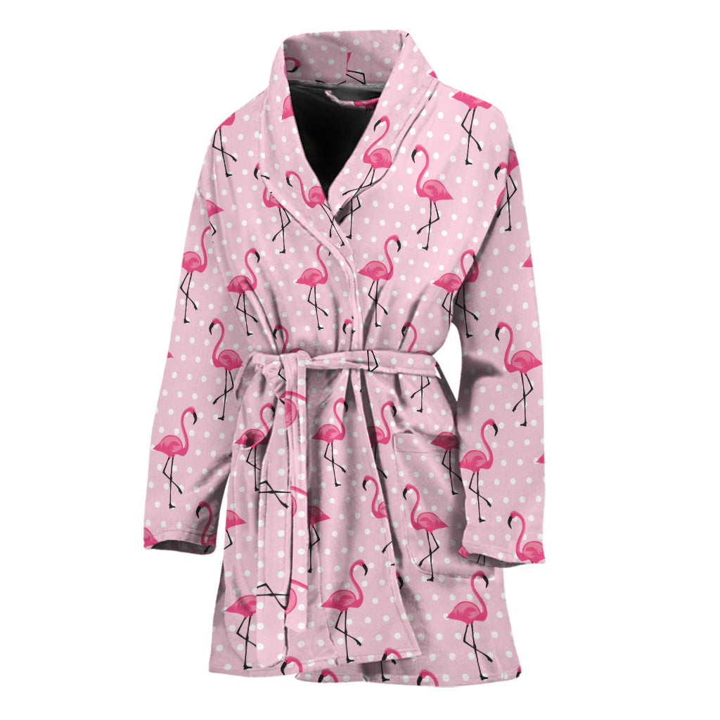 Pink Polka Dot Flamingo Pattern Print Women's Bathrobe