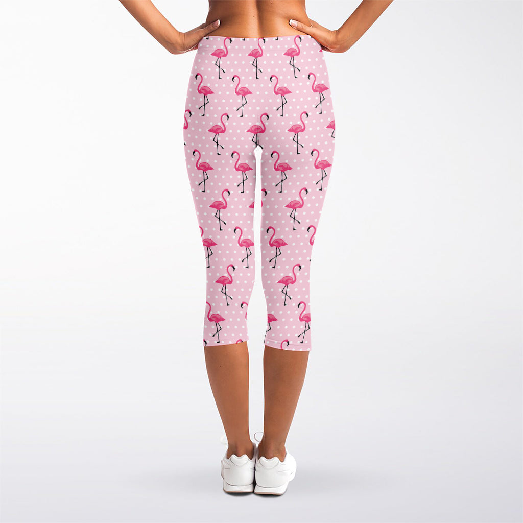 Pink Polka Dot Flamingo Pattern Print Women's Capri Leggings
