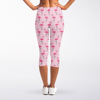 Pink Polka Dot Flamingo Pattern Print Women's Capri Leggings