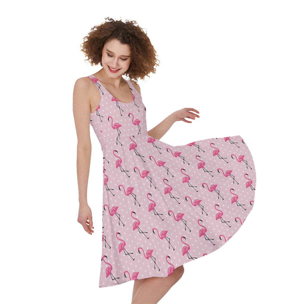 Pink Polka Dot Flamingo Pattern Print Women's Sleeveless Dress