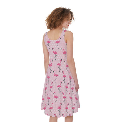Pink Polka Dot Flamingo Pattern Print Women's Sleeveless Dress