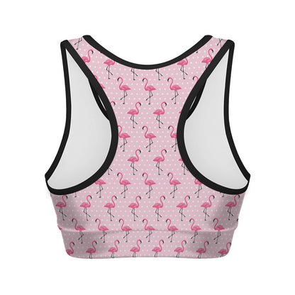 Pink Polka Dot Flamingo Pattern Print Women's Sports Bra
