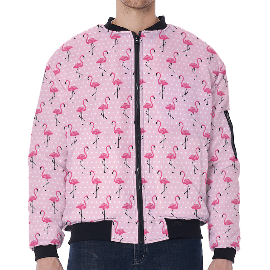 Pink Polka Dot Flamingo Pattern Print Zip Sleeve Bomber Jacket