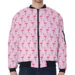 Pink Polka Dot Flamingo Pattern Print Zip Sleeve Bomber Jacket
