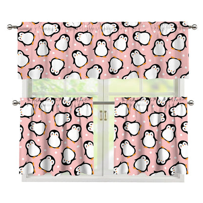 Pink Polka Dot Penguin Pattern Print 3 Piece Kitchen Curtains