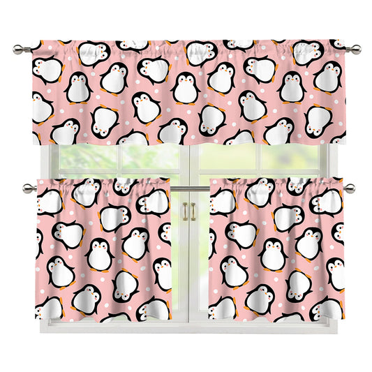 Pink Polka Dot Penguin Pattern Print 3 Piece Kitchen Curtains