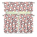 Pink Polka Dot Penguin Pattern Print 3 Piece Kitchen Curtains