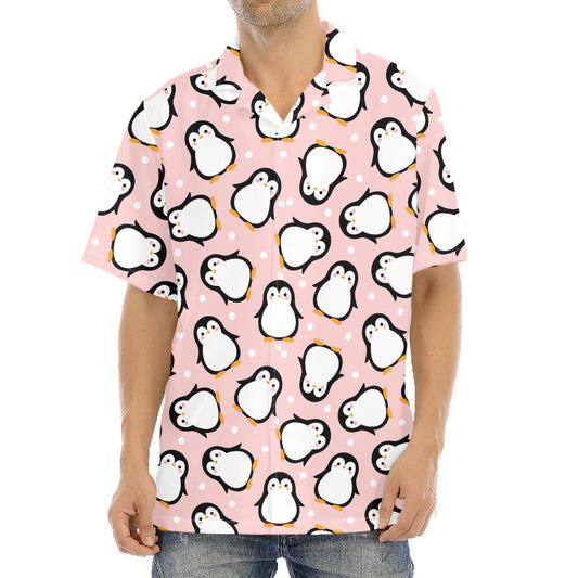 Pink Polka Dot Penguin Pattern Print Aloha Shirt