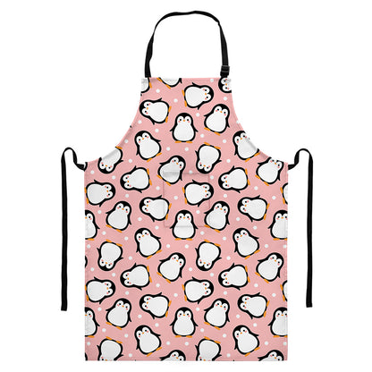 Pink Polka Dot Penguin Pattern Print Bib Apron With Pocket
